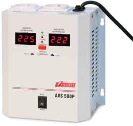 Стабилизатор POWERMAN AVS 500P, ступенчатый регулятор, цифровые индикаторы уровней напряжения, 500ВА, 110-260В, максимальный входной ток 5А, 2 евророзетки, IP-20, навесной,   185мм х 170мм х 100мм, 2,5 кг./ Stabilizer POWERMAN AVS 500P, step-type regulato