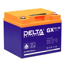 Батарея DELTA серия GX, GX 12-45, напряжение 12В, емкость 45Ач (разряд 20 часов),  макс. ток разряда (5 сек.) 450А, макс. ток заряда 8.9А, свинцово-кислотная типа GEL, клеммы под болт М6, ДxШxВ 197х165х170мм., вес 14.6кг., срок службы 15 лет./ Battery DEL
