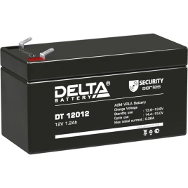 Батарея DELTA серия DT, DT 12012, напряжение 12В, емкость 1.2Ач (разряд 20 часов),  макс. ток разряда (5 сек.) 19.5А, макс. ток заряда 0.36А, свинцово-кислотная типа AGM, клеммы F1, ДxШxВ 97х45х52мм., вес 0.55кг., срок службы 5 лет./ Battery DELTA series