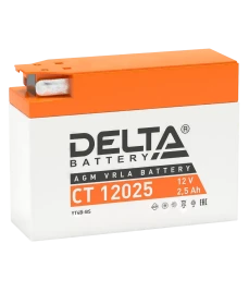 Аккумуляторная батарея для мото-техники/ DELTA серия  CT, CT 12025, напряжение 12В, емкость 2,5 Ач (разряд 10 часов 10.5 В), пусковой ток: 40А, полярность обратная ( - +),  тип AGM;Pb (свинцово-кислотный), клеммы: BN под болт,  ДxШxВ 114x39x87мм., вес  0,