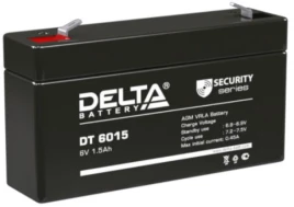 Батарея DELTA серия DT, DT 6015, напряжение 6В, емкость 1.5Ач (разряд 20 часов),  макс. ток разряда (5 сек.) 18А, макс. ток заряда 0.45А, свинцово-кислотная типа AGM, клеммы F1, ДxШxВ 97х24х51мм., вес 0.3кг., срок службы 5 лет./ Battery DELTA series DT, D
