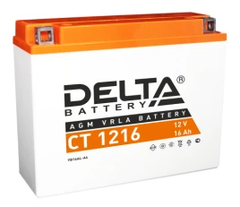 Аккумуляторная батарея для мото-техники/ DELTA серия  CT, CT 1216, напряжение 12В, емкость 16 Ач (разряд 10 часов 10.5 В), пусковой ток: 200А, полярность обратная ( - +),  тип AGM;Pb (свинцово-кислотный), клеммы: BN под болт,  ДxШxВ 205x70x162мм., вес  6,