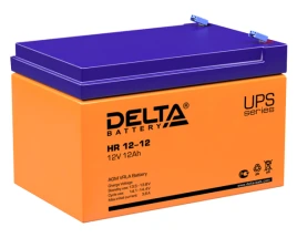 Батарея DELTA серия HR, HR 12-12, напряжение 12В, емкость 12Ач (разряд 20 часов),  макс. ток разряда (5 сек.) 180А, макс. ток заряда 3.6А, свинцово-кислотная типа AGM, клеммы F2, ДxШxВ 151х98х95мм., вес 3.72кг., срок службы 8 лет./ Battery DELTA series HR