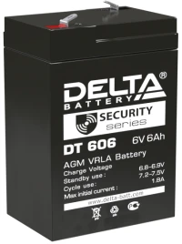 Батарея DELTA серия DT, DT 606, напряжение 6В, емкость 6Ач (разряд 20 часов),  макс. ток разряда (5 сек.) 90А, макс. ток заряда 1.8А, свинцово-кислотная типа AGM, клеммы F1, ДxШxВ 70х48х101мм., вес 0.81кг., срок службы 5 лет./ Battery DELTA series DT, DT