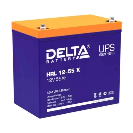 Батарея DELTA серия HRL-X, HRL 12-55 X, напряжение 12В, емкость 55Ач (разряд 10 часов),  макс. ток разряда (5 сек.) 550А, макс. ток заряда 16.5А, свинцово-кислотная типа AGM, клеммы под болт М6, ДxШxВ 229х138х208мм., вес 18.2кг., срок службы 12 лет./ Batt