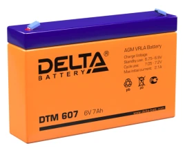 Батарея DELTA серия DTM, DTM 607, напряжение 6В, емкость 7Ач (разряд 20 часов),  макс. ток разряда (5 сек.) 105А, макс. ток заряда 2.04А, свинцово-кислотная типа AGM, клеммы F1, ДxШxВ 151х34х94мм., вес 1.2кг., срок службы 6 лет./ Battery DELTA series DTM,