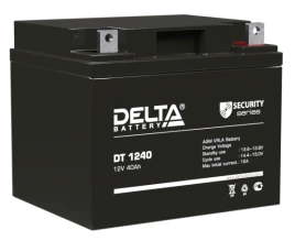 Батарея DELTA серия DT, DT 1240, напряжение 12В, емкость 40Ач (разряд 20 часов),  макс. ток разряда (5 сек.) 530А, макс. ток заряда 12А, свинцово-кислотная типа AGM, клеммы под болт М6, ДxШxВ 196х166х173мм., вес 12.9кг., срок службы 7-10 лет./ Battery DEL