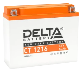 Аккумуляторная батарея для мото-техники/ DELTA серия  CT, CT 1216, напряжение 12В, емкость 16 Ач (разряд 10 часов 10.5 В), пусковой ток: 200А, полярность обратная ( - +),  тип AGM;Pb (свинцово-кислотный), клеммы: BN под болт,  ДxШxВ 205x70x162мм., вес  6,