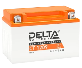 Аккумуляторная батарея для мото-техники/ DELTA серия  CT, CT 1209, напряжение 12В, емкость 9 Ач (разряд 10 часов 10.5 В), пусковой ток: 135А, полярность обратная ( - +),  тип AGM;Pb (свинцово-кислотный), клеммы: BN под болт,  ДxШxВ 150x86x108мм., вес  3кг