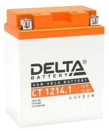 Аккумуляторная батарея для мото-техники/ DELTA серия  CT, CT 1214.1, напряжение 12В, емкость 14 Ач (разряд 10 часов 10.5 В), пусковой ток: 165А, полярность обратная ( - +),  тип AGM;Pb (свинцово-кислотный), клеммы: BN под болт,  ДxШxВ 132x89x164мм., вес