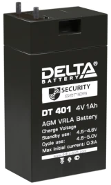 Батарея DELTA серия DT, DT 401, напряжение 4В, емкость 1Ач (разряд 20 часов), макс. ток заряда 0.3А, свинцово-кислотная типа AGM, клеммы вывод под пайку5мм., ДxШxВ 35х22х64мм., 0.1кг., срок службы 5 лет./ Battery DELTA series DT, DT 401, voltage 4V, capac