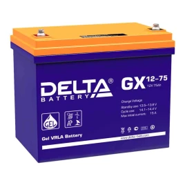 Батарея DELTA серия GX, GX 12-75, напряжение 12В, емкость 75Ач (разряд 20 часов),  макс. ток разряда (5 сек.) 700А, макс. ток заряда 14.86А, свинцово-кислотная типа GEL, клеммы под болт М6, ДxШxВ 258х166х210мм., вес 23.5кг., срок службы 15 лет./ Battery D