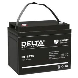 Батарея DELTA серия DT, DT 1275, напряжение 12В, емкость 75Ач (разряд 20 часов),  макс. ток разряда (5 сек.) 870А, макс. ток заряда 22.5А, свинцово-кислотная типа AGM, клеммы под болт М6, ДxШxВ 260х168х211мм., вес 21.5кг., срок службы 7-10 лет./ Battery D