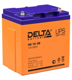 Батарея DELTA серия HR, HR 12-26, напряжение 12В, емкость 26Ач (разряд 10 часов),  макс. ток разряда (5 сек.) 310А, макс. ток заряда 7.8А, свинцово-кислотная типа AGM, клеммы под болт М5, ДxШxВ 165х125х175мм., вес 9.3кг., срок службы 8 лет./ Battery DELTA