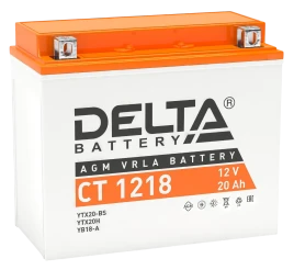 Аккумуляторная батарея для мото-техники/ DELTA серия  CT, CT 1218, напряжение 12В, емкость 20 Ач (разряд 10 часов 10.5 В), пусковой ток: 270А, полярность обратная ( - +),  тип AGM;Pb (свинцово-кислотный), клеммы: BN под болт,  ДxШxВ 177x88x154мм., вес  6,