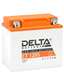 Аккумуляторная батарея для мото-техники/ DELTA серия  CT, CT 1205, напряжение 12В, емкость 5 Ач (разряд 10 часов 10.5 В), пусковой ток: 80А, полярность обратная ( - +),  тип AGM;Pb (свинцово-кислотный), клеммы: BN под болт,  ДxШxВ 114x70x106мм., вес  1,8к