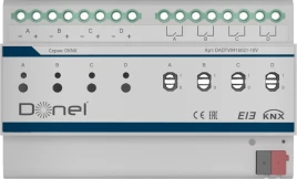 Donel KNX Диммер 1-10V , 4-канальный, 16A, Пассивный режим DC 0/1-10 В, ток переключения 16 А / 250 В переменного тока, Функции KNX: Swith, относительное и абсолютное диммирование, реакция на состояние, сцены (15/канал), предустановка. Установка на DIN-ре