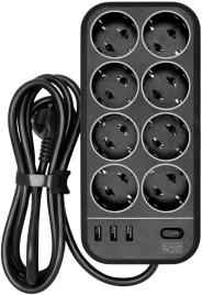 Фильтр-удлинитель PowerCom SP-08 USB03AB 3.0M, 8 розеток, черный, 16А, 4кВт, 175Дж, 3*USB, защитные шторки, защита от КЗ, перегрузки, ВЧ и импульсных помех, кабель 3x1 мм2, ШхГхВ 230х105х45 мм, вес 0.68 кг./ Surge protector PowerCom SP-08 USB03AB 3.0M, 8