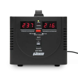 Стабилизатор POWERMAN AVS 500D, черный, ступенчатый регулятор, цифровые индикаторы уровней напряжения, 500ВА, 140-260В, максимальный входной ток 5А, 2 евророзетки, IP-20, напольный,  200мм х 150мм х 140мм, 2,3 кг./ Stabilizer POWERMAN AVS 500D, black, ste