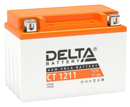 Аккумуляторная батарея для мото-техники/ DELTA серия  CT, CT 1211, напряжение 12В, емкость 11 Ач (разряд 10 часов 10.5 В), пусковой ток: 210А, полярность обратная ( - +),  тип AGM;Pb (свинцово-кислотный), клеммы: BN под болт,  ДxШxВ 151x86x112мм., вес  3,