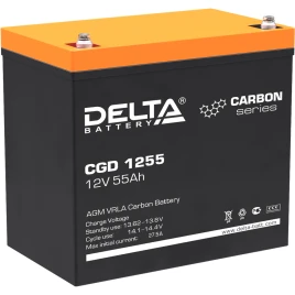Батарея DELTA серия CGD, CGD 1255, напряжение 12В, емкость 55Ач (разряд 10 часов),  макс. ток разряда (5 сек.) 660А, макс. ток заряда 27.5А, графеновая свинцово-кислотная типа AGM, клеммы под болт М6, ДxШxВ 230х138х205мм., вес 18кг., срок службы 15 лет./