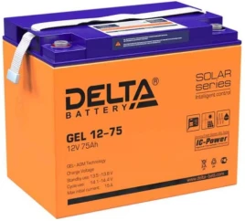 Батарея DELTA серия GEL, GEL 12-75, напряжение 12В, емкость 75Ач (разряд 10 часов),  макс. ток разряда (5 сек.) 700А, макс. ток заряда 15А, свинцово-кислотная типа AGM+GEL, клеммы под болт М6, ДxШxВ 260х168х219мм., вес 23кг., LCD, срок службы 10-12 лет./