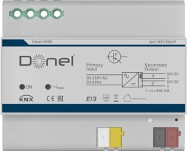 Donel KNX блок питания, 640 мA. Входное напряжение 95-255 В AC, 47-63 Гц, выход 1: 30 В DC +1/-2 В, SELV с дросселем; выход 2: 30 В DC +1/-2 В, SELV без дросселя, всего 640 мА, защита от короткого замыкания, Cерия DKNX