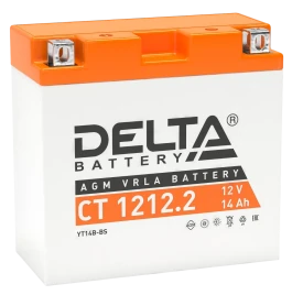 Аккумуляторная батарея для мото-техники/ DELTA серия  CT, CT 1212.2, напряжение 12В, емкость 12 Ач (разряд 10 часов 10.5 В), пусковой ток: 155А, полярность обратная ( - +),  тип AGM;Pb (свинцово-кислотный), клеммы: BN под болт,  ДxШxВ 151x71x146мм., вес