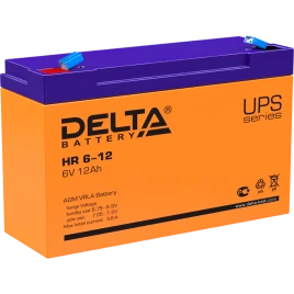 Батарея DELTA серия HR, HR 6-12, напряжение 6В, емкость 12Ач (разряд 20 часов),  макс. ток разряда (5 сек.) 175А, макс. ток заряда 3.6А, свинцово-кислотная типа AGM, клеммы F1, ДxШxВ 151х50х94мм., вес 1.85кг., срок службы 8 лет./ Battery DELTA series HR,