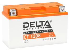 Аккумуляторная батарея для мото-техники/ DELTA серия  CT, CT 1208, напряжение 12В, емкость 8 Ач (разряд 10 часов 10.5 В), пусковой ток: 130А, полярность обратная ( - +),  тип AGM;Pb (свинцово-кислотный), клеммы: BN под болт,  ДxШxВ 150x66x95мм., вес  2,25