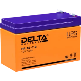 Батарея DELTA серия HR, HR 12-7,2, напряжение 12В, емкость 7.2Ач (разряд 20 часов),  макс. ток разряда (5 сек.) 105А, макс. ток заряда 2.16А, свинцово-кислотная типа AGM, клеммы F2, ДxШxВ 151х65х94мм., вес 2.5кг., срок службы 8 лет./ Battery DELTA series