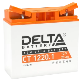 Аккумуляторная батарея для мото-техники/ DELTA серия  CT, CT 1220.1, напряжение 12В, емкость 20 Ач (разряд 10 часов 10.5 В), пусковой ток: 260А, полярность обратная ( - +),  тип AGM;Pb (свинцово-кислотный), клеммы: BN под болт,  ДxШxВ 181x77x167мм., вес
