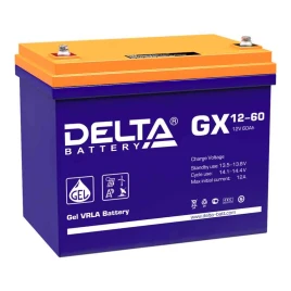 Батарея DELTA серия GX, GX 12-60, напряжение 12В, емкость 60Ач (разряд 20 часов),  макс. ток разряда (5 сек.) 600А, макс. ток заряда 11.88А, свинцово-кислотная типа GEL, клеммы под болт М6, ДxШxВ 258х166х206мм., вес 23кг., срок службы 15 лет./ Battery DEL