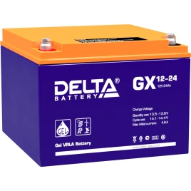 Батарея DELTA серия GX, GX 12-24, напряжение 12В, емкость 24Ач (разряд 20 часов),  макс. ток разряда (5 сек.) 300А, макс. ток заряда 4.76А, свинцово-кислотная типа GEL, клеммы под болт М5, ДxШxВ 166х175х125мм., вес 8.3кг., срок службы 15 лет./ Battery DEL