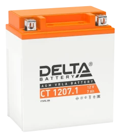 Аккумуляторная батарея для мото-техники/ DELTA серия  CT, CT 1207.1, напряжение 12В, емкость 7 Ач (разряд 10 часов 10.5 В), пусковой ток: 100А, полярность обратная ( - +),  тип AGM;Pb (свинцово-кислотный), клеммы: BN под болт,  ДxШxВ 114x70x132мм., вес  2