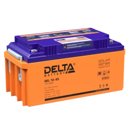 Батарея DELTA серия GEL, GEL 12-65, напряжение 12В, емкость 65Ач (разряд 10 часов),  макс. ток разряда (5 сек.) 650А, макс. ток заряда 13А, свинцово-кислотная типа AGM+GEL, клеммы под болт М8, ДxШxВ 350х167х173мм., вес 23.5кг., LCD, срок службы 10-12 лет.