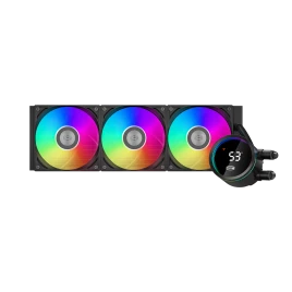 Система охлаждения/ Water Cooling System PCCooler DA360 Pro ARGB Digital BK (300W, 360mm, LED temp., Black, ARGB/ Fans: 3x120mm, 75.8CFM, 33.7dBA, 2200RPM/ Pump height 57mm, 28dBA, 3000RPM, Rad thickness 27mm/ S: 1851, 1700, 1200, 20XX, 115X, AM5, AM4)