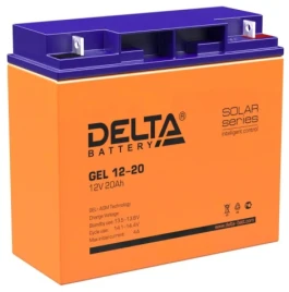Батарея DELTA серия GEL, GEL 12-20, напряжение 12В, емкость 20Ач (разряд 20 часов),  макс. ток разряда (5 сек.) 240А, макс. ток заряда 4А, свинцово-кислотная типа AGM+GEL, клеммы под гайку и болт M6, ДxШxВ 181х77х167мм., вес 5.3кг., срок службы 10-12 лет.