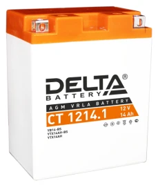 Аккумуляторная батарея для мото-техники/ DELTA серия  CT, CT 1214.1, напряжение 12В, емкость 14 Ач (разряд 10 часов 10.5 В), пусковой ток: 165А, полярность обратная ( - +),  тип AGM;Pb (свинцово-кислотный), клеммы: BN под болт,  ДxШxВ 132x89x164мм., вес