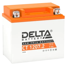 Аккумуляторная батарея для мото-техники/ DELTA серия  CT, CT 1207.2, напряжение 12В, емкость 7 Ач (разряд 10 часов 10.5 В), пусковой ток: 130А, полярность обратная ( - +),  тип AGM;Pb (свинцово-кислотный), клеммы: BN под болт,  ДxШxВ 114x70x108мм., вес  2