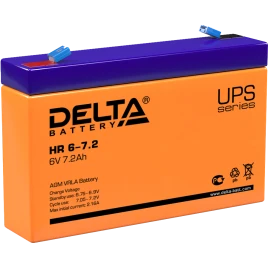 Батарея DELTA серия HR, HR 6-7,2, напряжение 6В, емкость 7.2Ач (разряд 20 часов),  макс. ток разряда (5 сек.) 108А, макс. ток заряда 2.1А, свинцово-кислотная типа AGM, клеммы F1, ДxШxВ 151х34х94мм., вес 1.28кг., срок службы 8 лет./ Battery DELTA series HR
