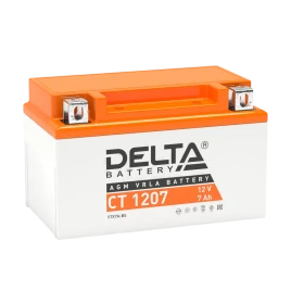 Аккумуляторная батарея для мото-техники/ DELTA серия  CT, CT 1207, напряжение 12В, емкость 7 Ач (разряд 10 часов 10.5 В), пусковой ток: 105А, полярность обратная ( - +),  тип AGM;Pb (свинцово-кислотный), клеммы: BN под болт,  ДxШxВ 150x86x94мм., вес  2,4к