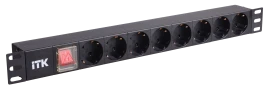 PDU 8 розеток нем. стандарт, с LED выключателем,1U, без шнура, вх. C14, алюминиевый профиль