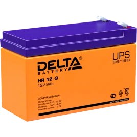 Батарея DELTA серия HR, HR 12-9, напряжение 12В, емкость 9Ач (разряд 20 часов),  макс. ток разряда (5 сек.) 135А, макс. ток заряда 2.7А, свинцово-кислотная типа AGM, клеммы F2, ДxШxВ 151х65х94мм., вес 2.78кг., срок службы 8 лет./ Battery DELTA series HR,