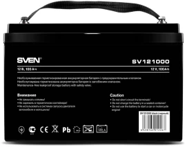 Батарея SVEN SV 121000 (12V 100Ah), напряжение 12В, емкость 100А*ч, макс. ток разряда 1000А, макс. ток заряда 30А, свинцово-кислотная типа AGM, тип клемм B5, Д/Ш/В 307/168/211мм, 30кг/ Battery SVEN SV 121000 (12V 100Ah), 12V voltage, 100A*h capacity, max.