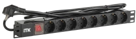 ITK PDU 8 розеток DIN49440 (нем. cтанд.) с LED выключателем, 1U, шнур 2м вилка DIN49441 (нем. станд.), профиль из ПВХ, черный