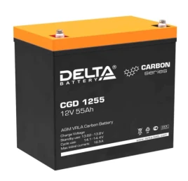 Батарея DELTA серия CGD, CGD 1255, напряжение 12В, емкость 55Ач (разряд 10 часов),  макс. ток разряда (5 сек.) 660А, макс. ток заряда 27.5А, графеновая свинцово-кислотная типа AGM, клеммы под болт М6, ДxШxВ 230х138х205мм., вес 18кг., срок службы 15 лет./