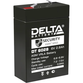 Батарея DELTA серия DT, DT 6028, напряжение 6В, емкость 2.8Ач (разряд 20 часов),  макс. ток разряда (5 сек.) 48А, макс. ток заряда 0.84А, свинцово-кислотная типа AGM, клеммы F1, ДxШxВ 66х33х97мм., вес 0.61кг., срок службы 5 лет./ Battery DELTA series DT,
