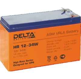 Батарея DELTA серия HR-W, HR 12-34 W, напряжение 12В, емкость 9Ач (разряд 20 часов),  макс. ток разряда (5 сек.) 160А, макс. ток заряда 2.7А, свинцово-кислотная типа AGM, клеммы F2, ДxШxВ 151х65х94мм., вес 2.62кг., срок службы 8 лет./ Battery DELTA series