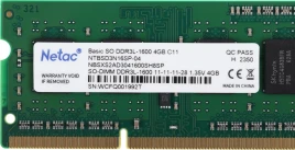 Оперативная память DDR3L 4Gb 1600MHz Netac NTBSD3N16SP-04 Basic RTL PC3-12800 CL11 SO-DIMM 204-pin 1.35В single rank Ret [NTBSD3N16SP-04]